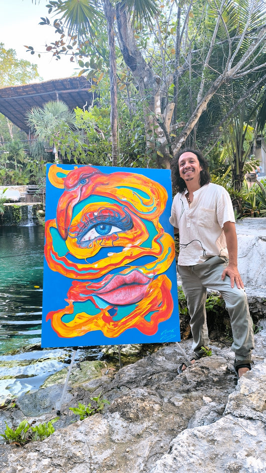 Nahual Flamingo – Abstract Figurative Painting | Feminine Spirit Animal Art from Tulum