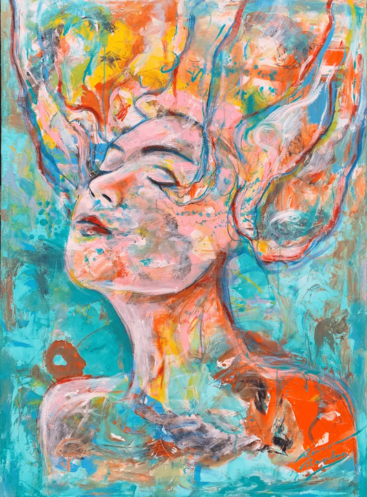 Coral Woman – Abstract Figurative Caribbean Painting, Original Contemporary Art