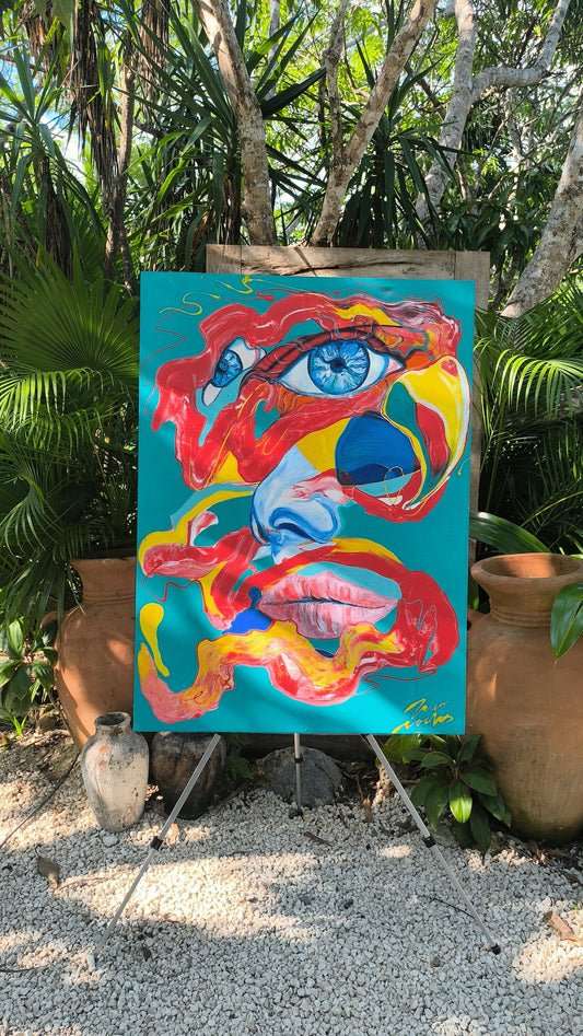 Scarlet Macaw Nahual – Abstract Figurative Painting | Contemporary Mexican Art from Tulum