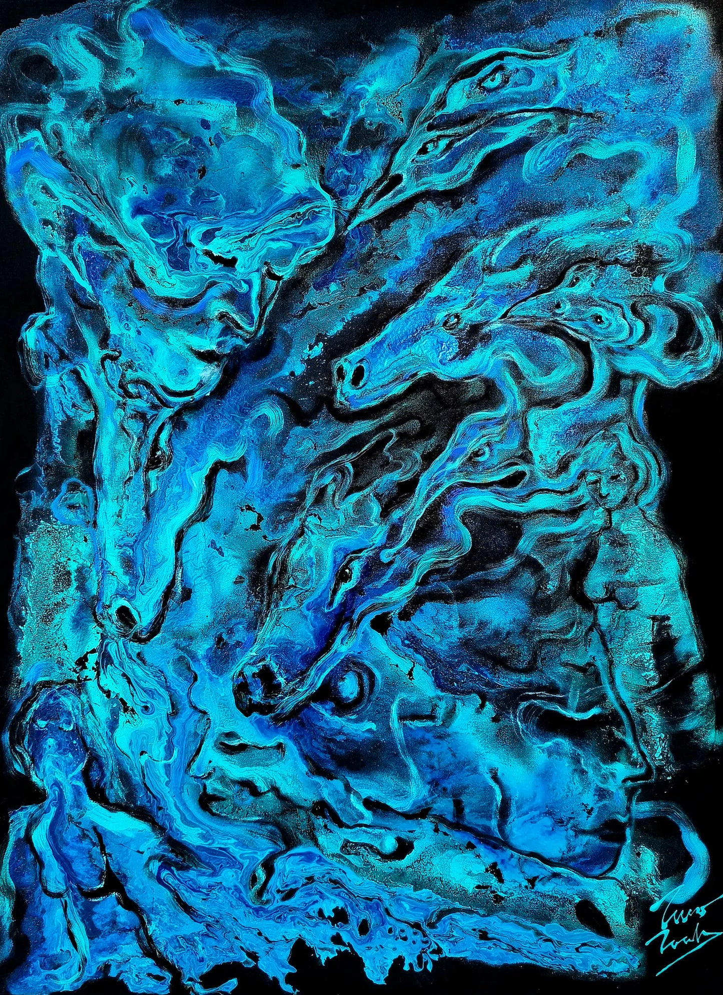 Tide of Horses | Original Blue & Black Contemporary Horse Painting on Canvas by Paco Rocha